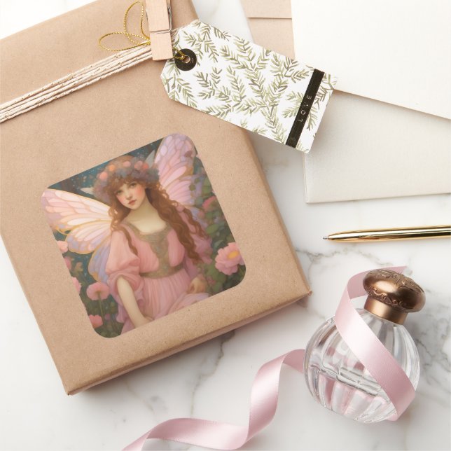 Enchanting Dreams: A Whimsical Pink Fairy Portrait Square Sticker (Gifting)