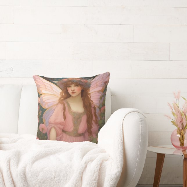 Enchanting Dreams: A Whimsical Pink Fairy Portrait Throw Pillow (Couch)