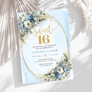 Enchanting Dusty Blue Floral Sweet Sixteen Invites