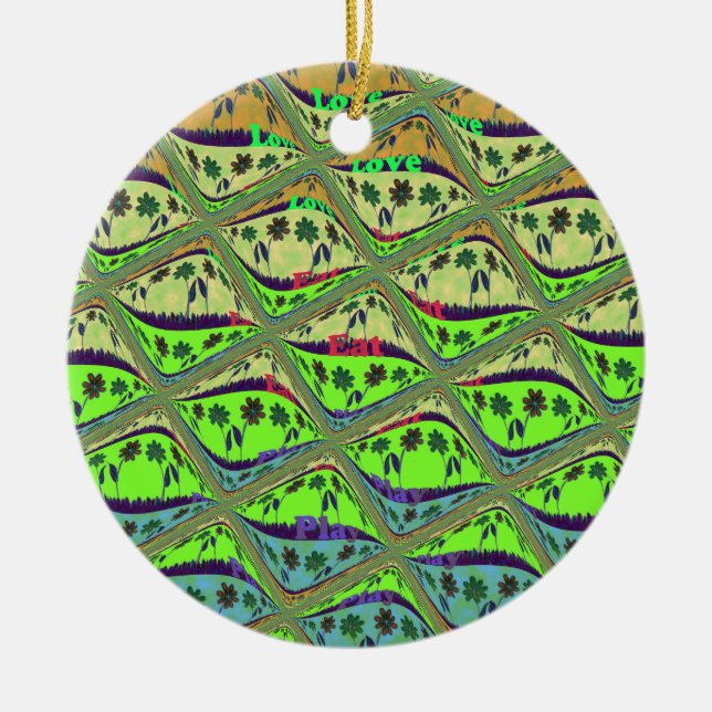 Enchanting Eclectic Garden Chequered Floral Beauty Ceramic Ornament (Front)