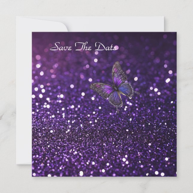 Enchanting Elegance: The Purple Sparkle Butterfly Save The Date (Front)