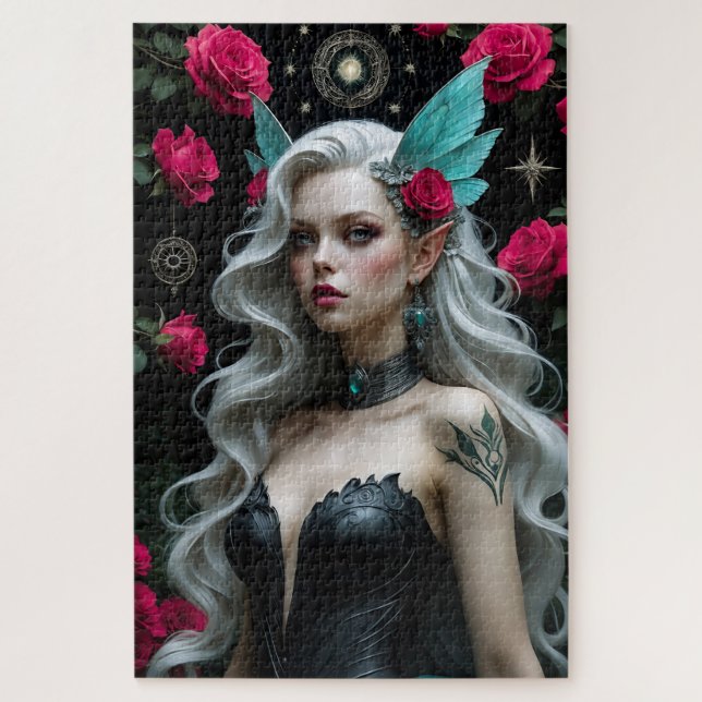 Enchanting Elf Maiden with Teal Wings and Roses  Jigsaw Puzzle (Vertical)