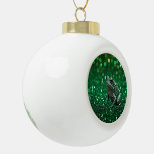 Enchanting Emergence: The Green Sparkle Frog Ceramic Ball Christmas Ornament