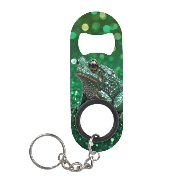 Enchanting Emergence: The Green Sparkle Frog  Keychain Bottle Opener (Front)