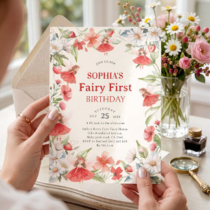 Enchanting Fairy Garden Red First Birthday invite