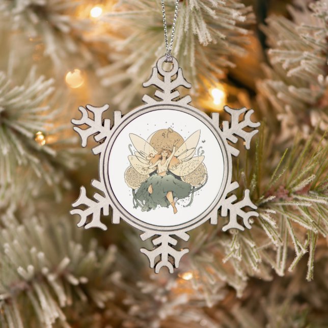 Enchanting Fairy – Whimsical Fantasy Art Snowflake Pewter Christmas Ornament (Tree)