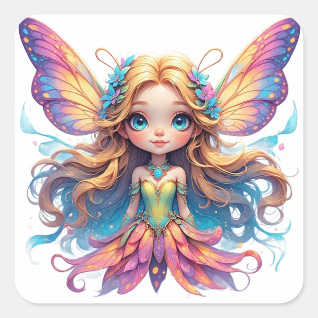 Enchanting Fantasy Fairy with Colourful Wings Square Sticker (Front)