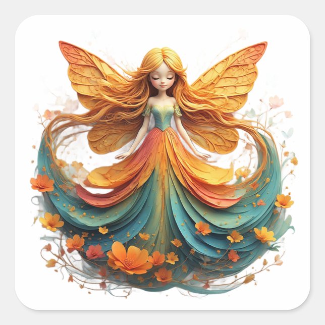 Enchanting Fantasy Fairy with Colourful Wings Square Sticker (Front)