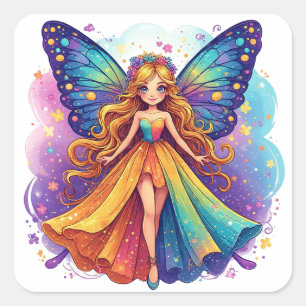 Enchanting Fantasy Fairy with Colourful Wings Square Sticker