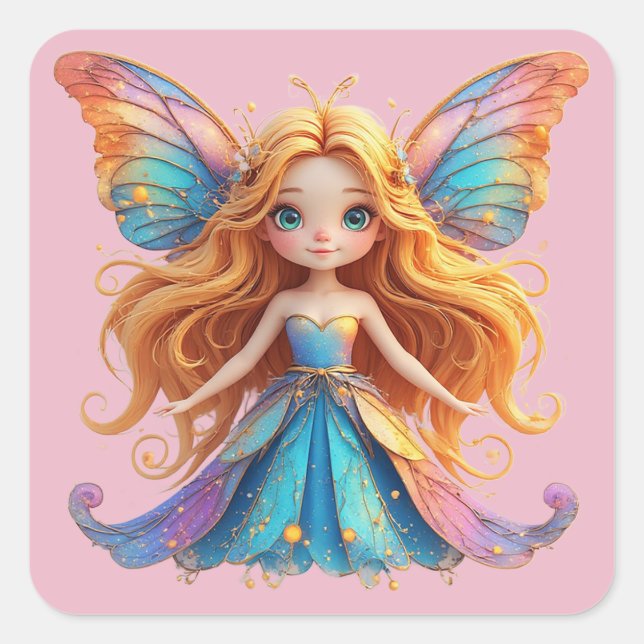 Enchanting Fantasy Fairy with Colourful Wings Square Sticker (Front)