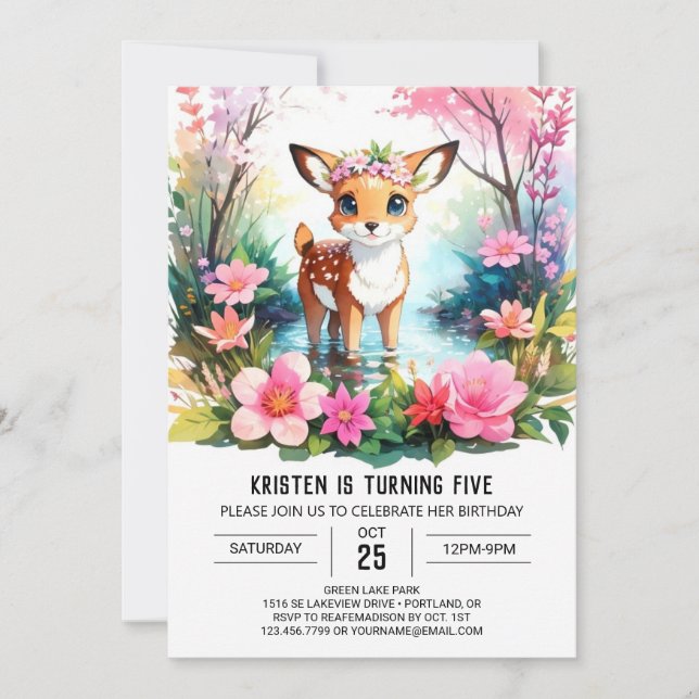Enchanting Fawn Watercolor Woodland Girl Birthday Invitation (Front)