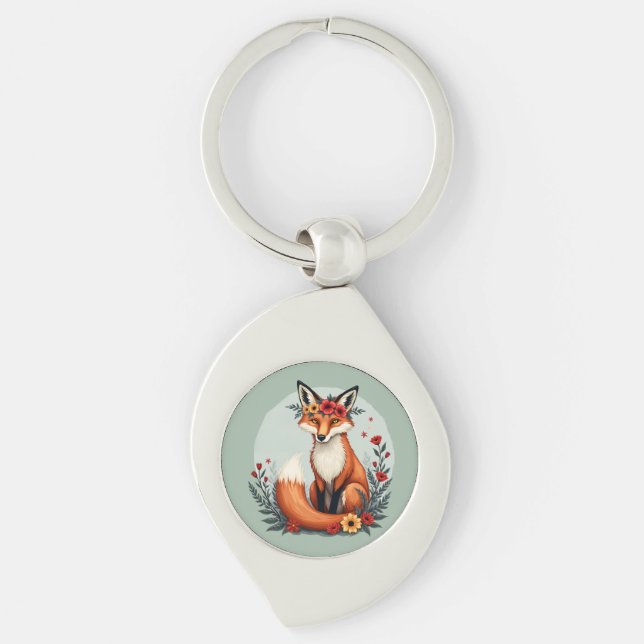 Enchanting Floral Fox Woodland Folk Art Keychain (Front)