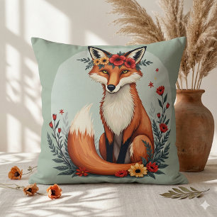 Enchanting Floral Fox Woodland Folk Art Throw Pillow