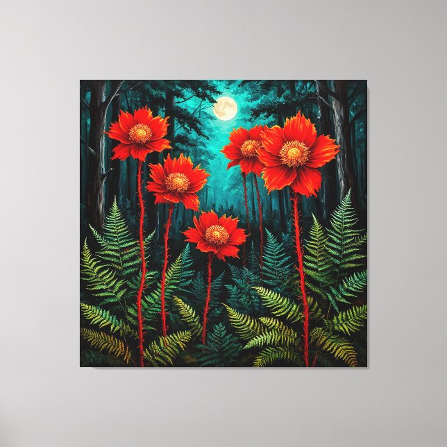Enchanting Forest Scene with Vibrant Red Flowers Canvas Print (Front)