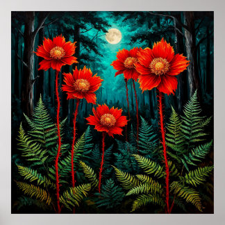 Enchanting Forest Scene with Vibrant Red Flowers Poster