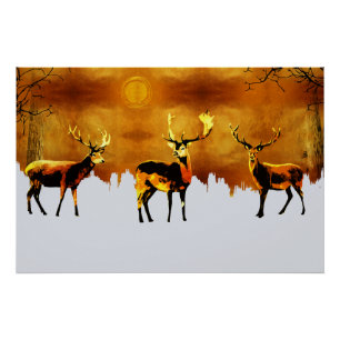 Enchanting Forest Trio: Oriental Deer Art Poster