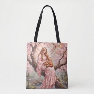 Enchanting Fox & Lady Under Cherry Blossoms Tote B Bag