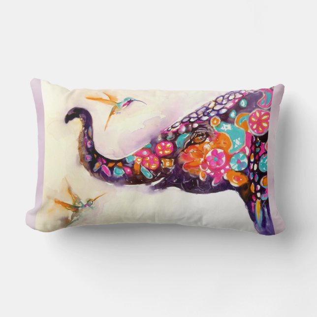 Enchanting Friends Elephant and Hummingbirds Lumbar Pillow (Front)
