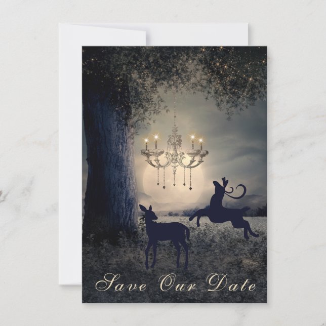 Enchanting Full Moon, Deer, Scenic Lake Wedding Save The Date (Front)