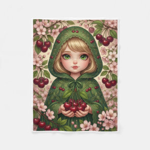 Enchanting Girl In Green Hood Harvesting Berries F Fleece Blanket