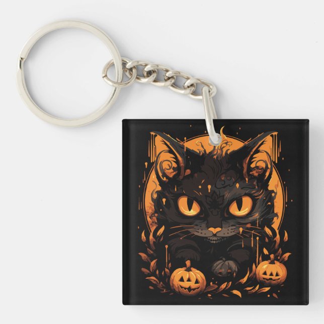 Enchanting Halloween: Black Cat Among Pumpkins Keychain (Front)