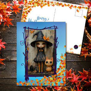 Enchanting Halloween Witch Girl & Pumpkin Cat Holiday Postcard