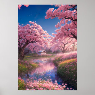 Enchanting Hut Amidst Sakura Trees Poster