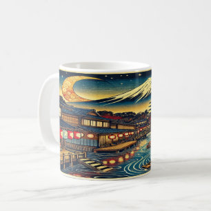 Enchanting Japanese Village Under Moonlit Fuji Coffee Mug