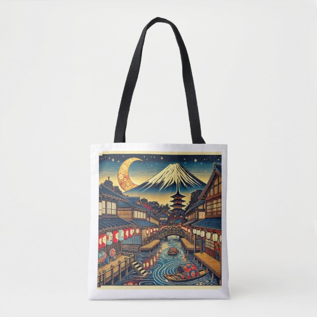 Enchanting Japanese Village Under Moonlit Fuji Tote Bag (Front)