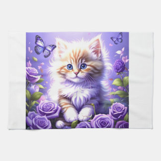 Enchanting Kitten Among Purple Roses Kitchen Towel