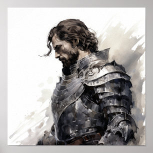 Enchanting Knight in Black and White - Side View - Poster