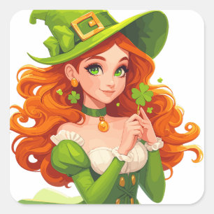 Enchanting Lady with Clover Square Sticker