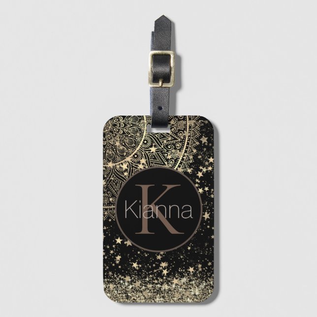 Enchanting Mandala with Gold Stars Monogram Luggage Tag (Front Vertical)