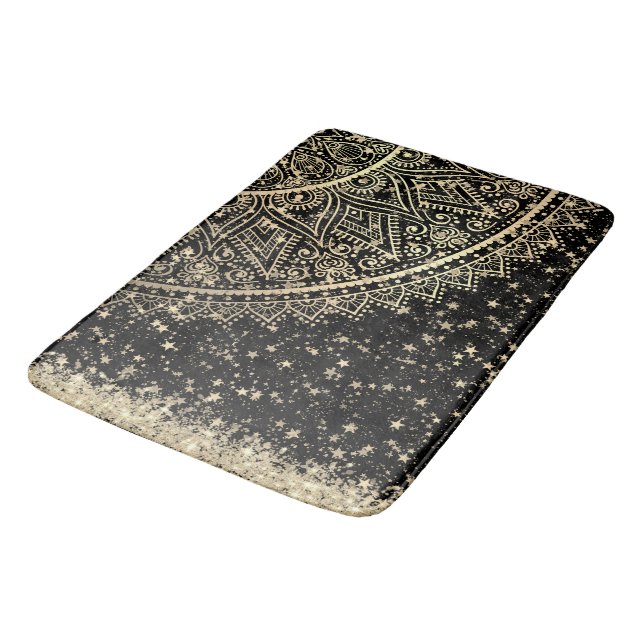 Enchanting Mandala with Gold Stars on Black  Bath Mat (Angled)