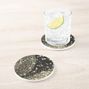 Enchanting Mandala with Gold Stars on Black Coaster