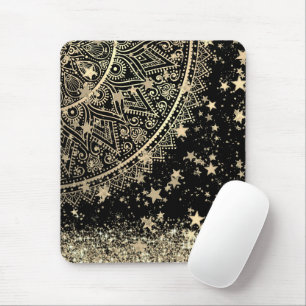 Enchanting Mandala with Gold Stars on Black Mouse Pad
