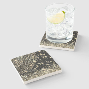 Enchanting Mandala with Gold Stars on Black Stone Coaster