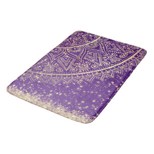 Enchanting Mandala with Gold Stars on Purple Bath Mat