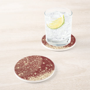 Enchanting Mandala with Gold Stars on Red   Coaster