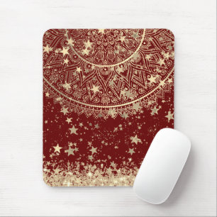 Enchanting Mandala with Gold Stars on Red Mouse Pad