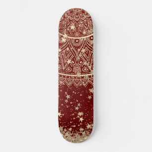 Enchanting Mandala with Gold Stars on Red Skateboard