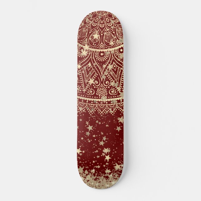 Enchanting Mandala with Gold Stars on Red Skateboard (Front)