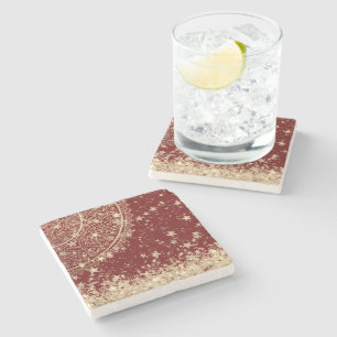 Enchanting Mandala with Gold Stars on Red Stone Coaster