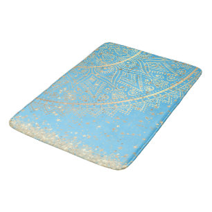 Enchanting Mandala with Gold Stars on Turquoise Bath Mat