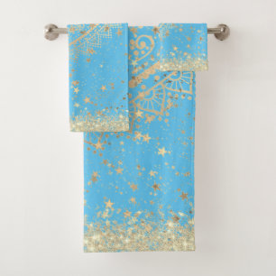 Enchanting Mandala with Gold Stars on Turquoise    Bath Towel Set