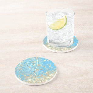 Enchanting Mandala with Gold Stars on Turquoise Coaster