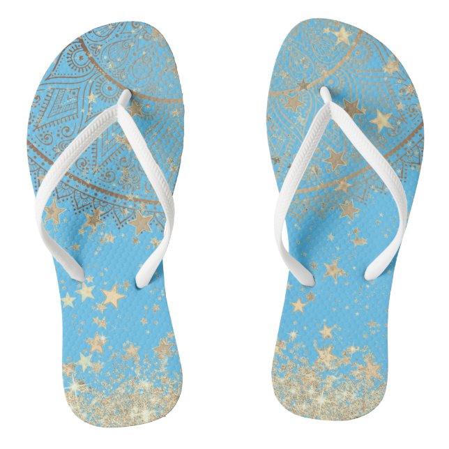 Enchanting Mandala with Gold Stars on Turquoise    Flip Flops (Footbed)