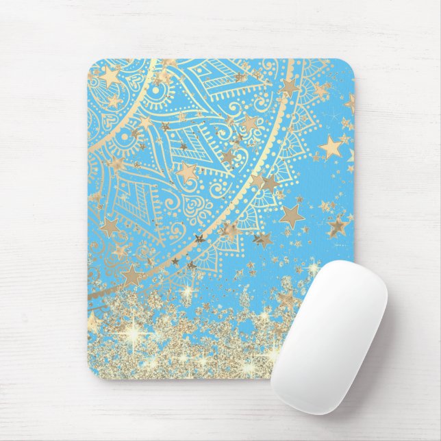 Enchanting Mandala with Gold Stars on Turquoise    Mouse Pad (With Mouse)