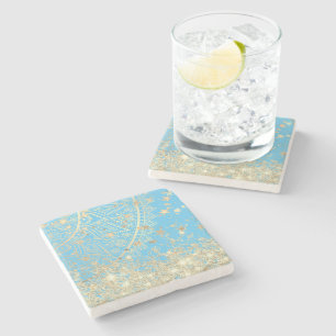 Enchanting Mandala with Gold Stars on Turquoise Stone Coaster
