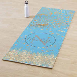 Enchanting Mandala with Gold Stars on Turquoise Yoga Mat